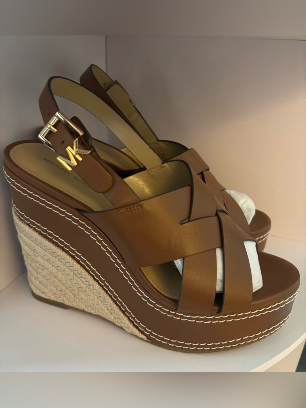 MICHAEL KORS Nora Wedge sandal in luggage leather Rope wedge 9.5 NEW